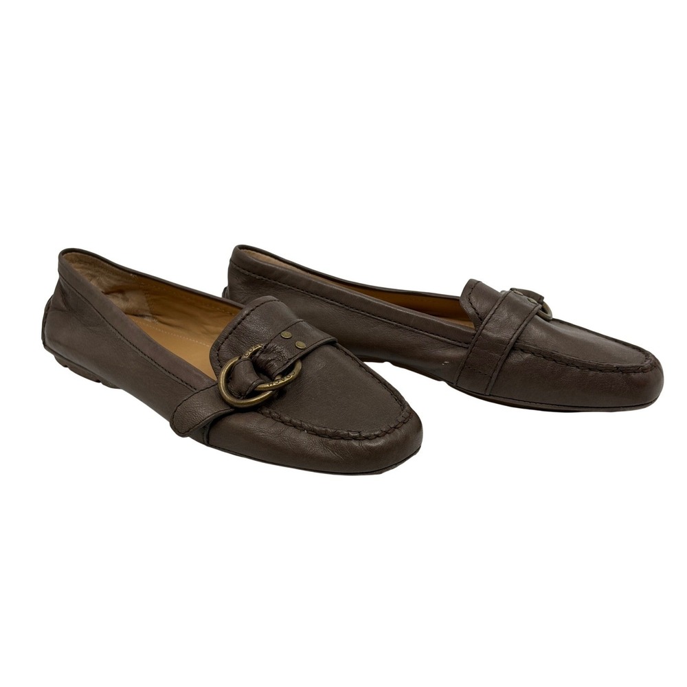 Coach Avril Brown Leather Driving Loafers Brass Buckle Flats Womens Slip On 9B - Picture 6 of 9